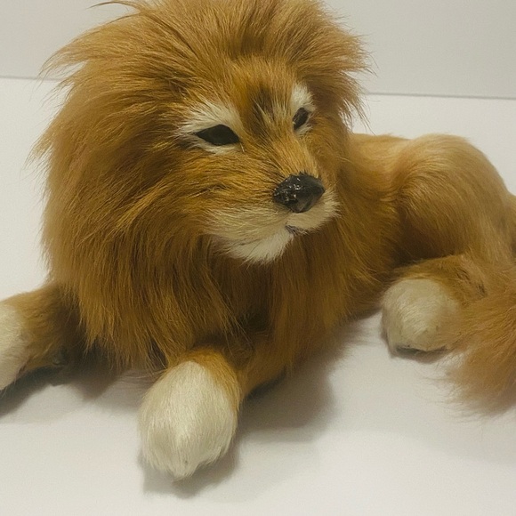 Vintage Lion Figurine Real Fur Glass Eyes Hair Sculpture Very Rare 9”-5” - Picture 9 of 12